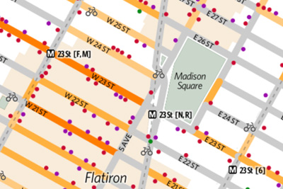 Map of Madision Square Park showing restaraurant locations